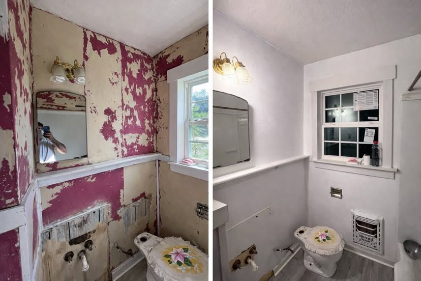 Side by side before and after of a small bathroom with peeling walls restored to smooth finished walls