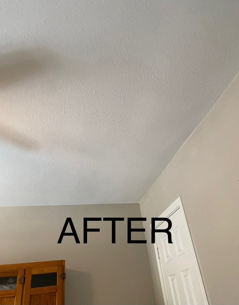 The same ceiling rebuilt, floated flat and texture matched to the surrounding surface so the repair is not visible