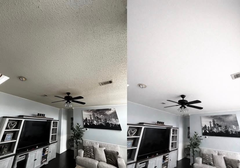 Side by side before and after of a living room popcorn ceiling removed and refinished smooth, same room and ceiling fan