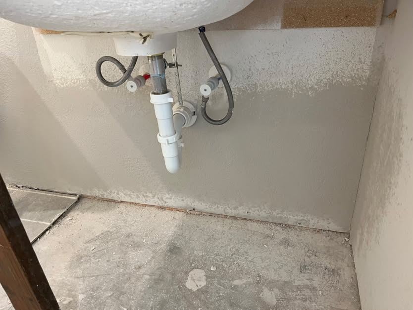 New drywall hung, floated and textured around the same plumbing